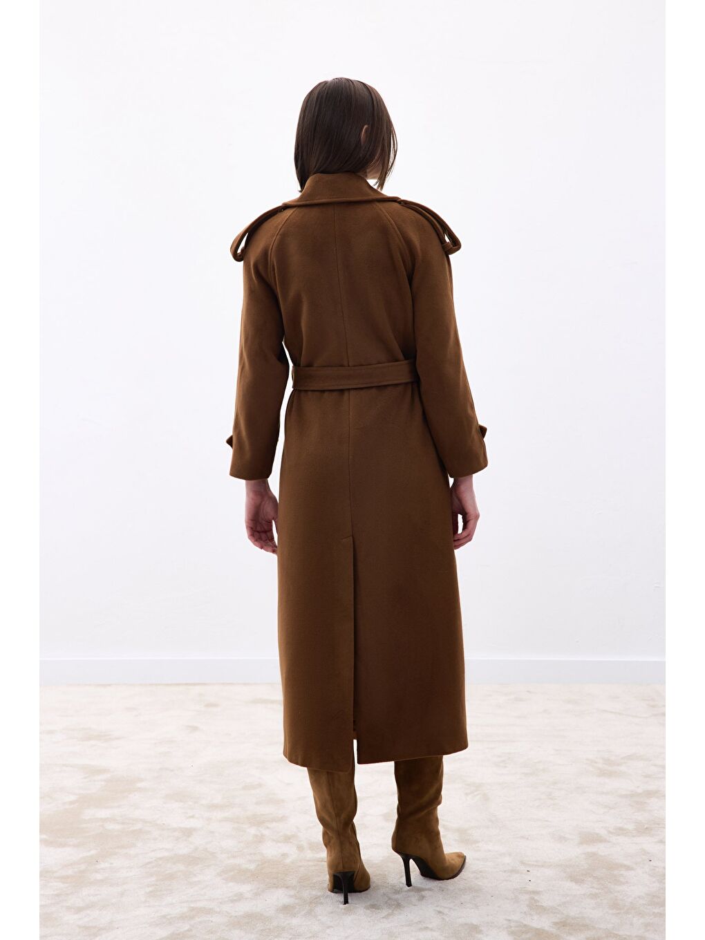 Kahverengi Geniş Yaka Uzun Kaban - Kahve-7