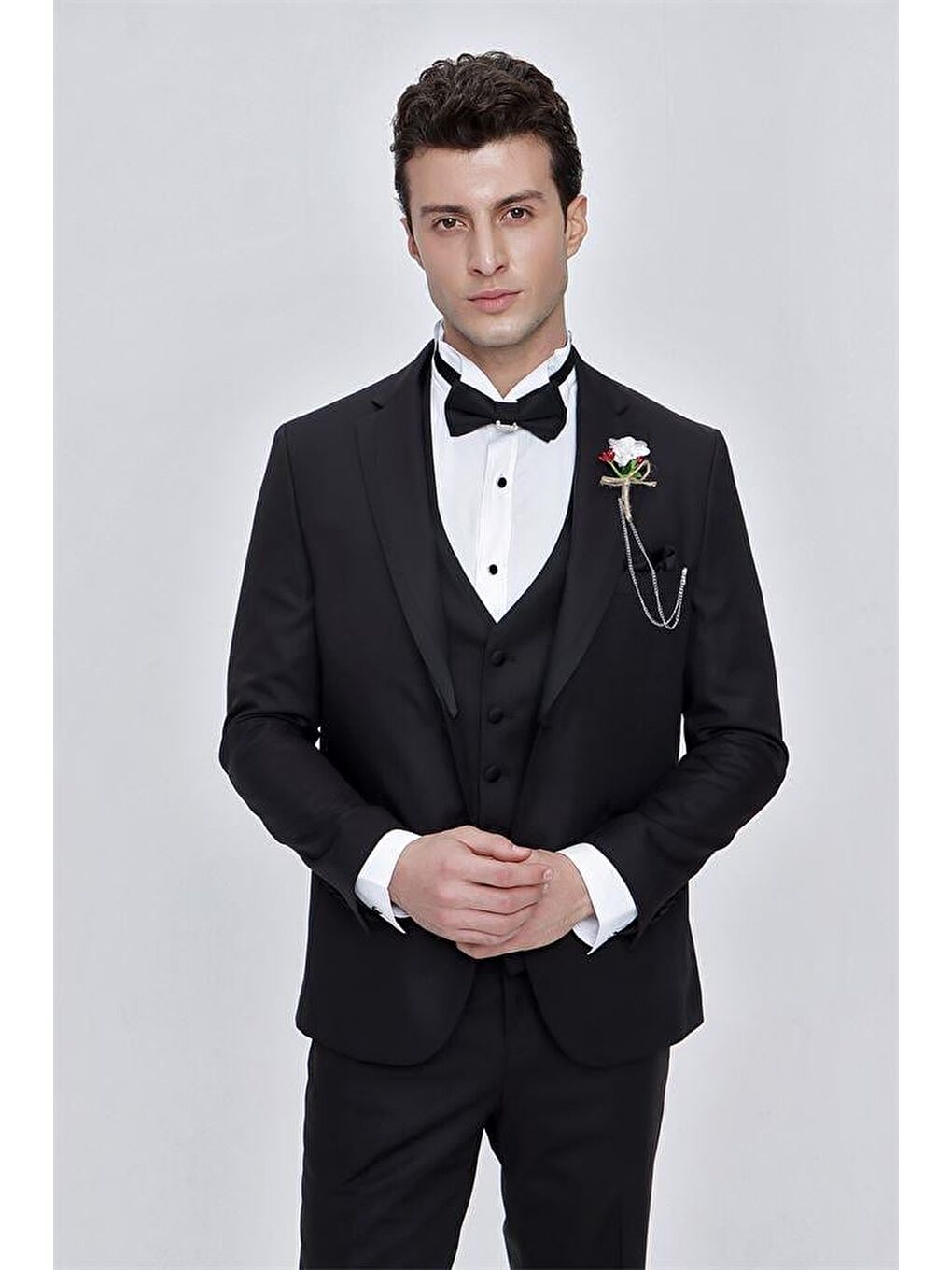 Siyah Armürlü Çıkarılabilir Mono Yaka Yelekli 6 Drop Slim Fit Smokin Damatlık 1001225202