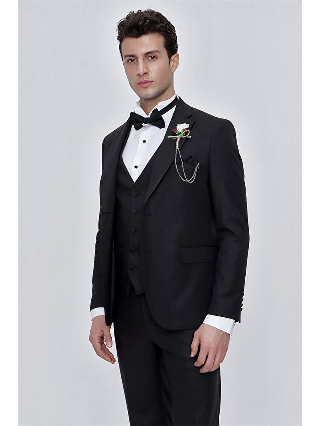 Siyah Armürlü Çıkarılabilir Mono Yaka Yelekli 6 Drop Slim Fit Smokin Damatlık 1001225202-1