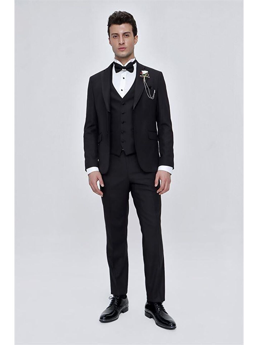 Siyah Armürlü Çıkarılabilir Mono Yaka Yelekli 6 Drop Slim Fit Smokin Damatlık 1001225202-2