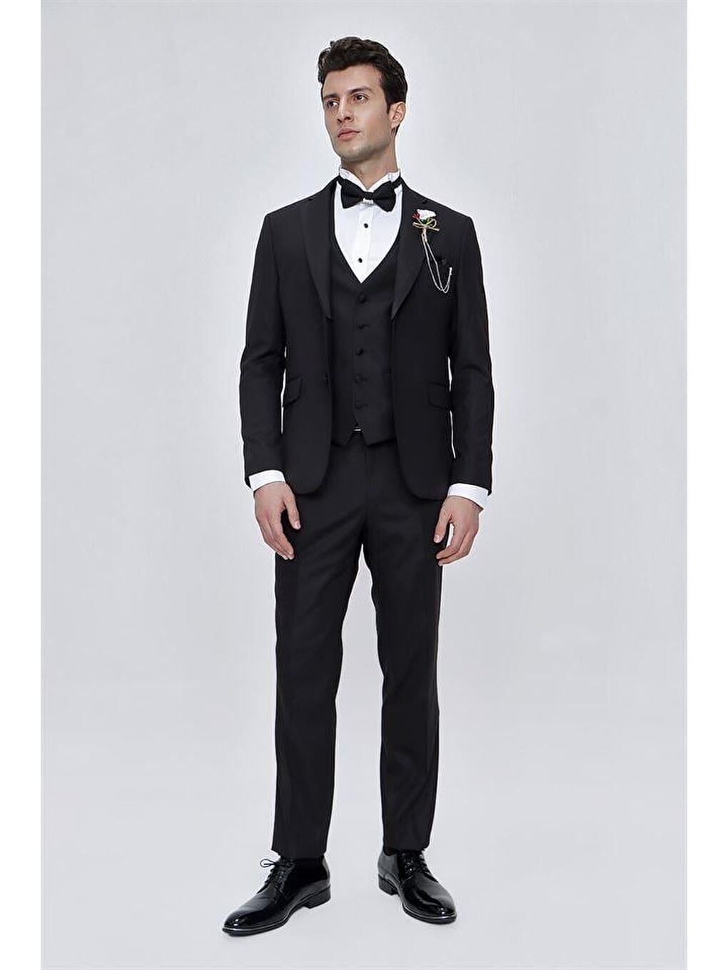 Siyah Armürlü Çıkarılabilir Mono Yaka Yelekli 6 Drop Slim Fit Smokin Damatlık 1001225202-3