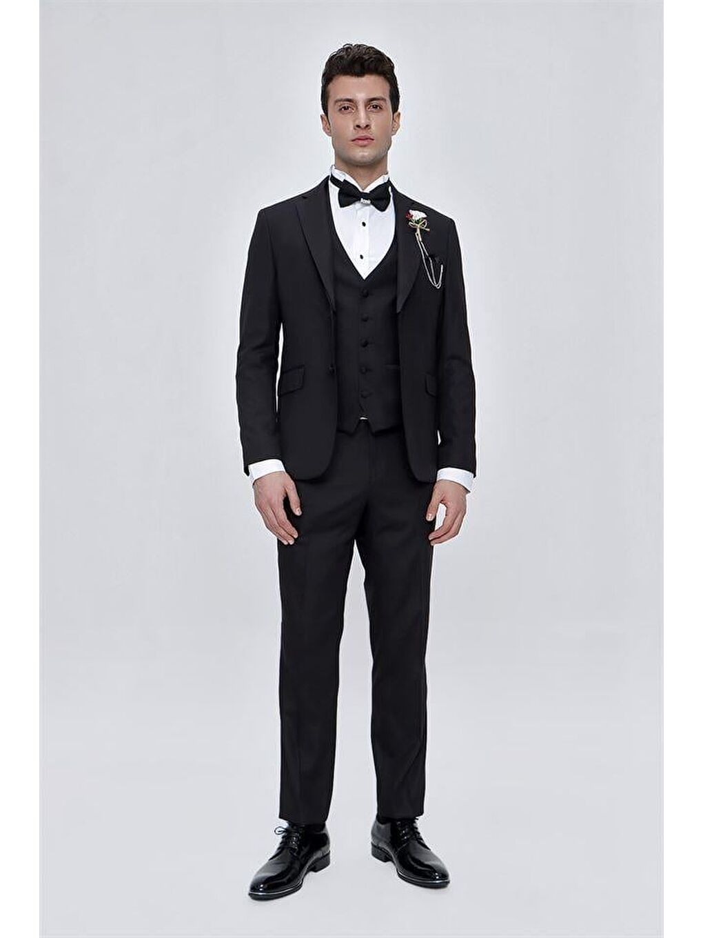 Siyah Armürlü Çıkarılabilir Mono Yaka Yelekli 6 Drop Slim Fit Smokin Damatlık 1001225202-4