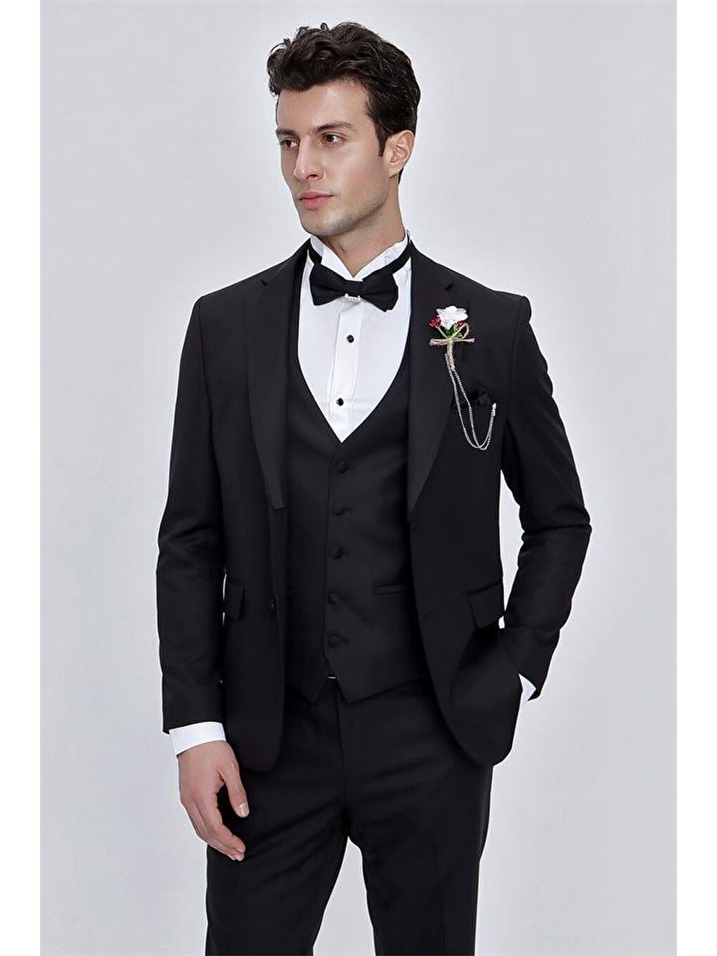 Siyah Armürlü Çıkarılabilir Mono Yaka Yelekli 6 Drop Slim Fit Smokin Damatlık 1001225202-5