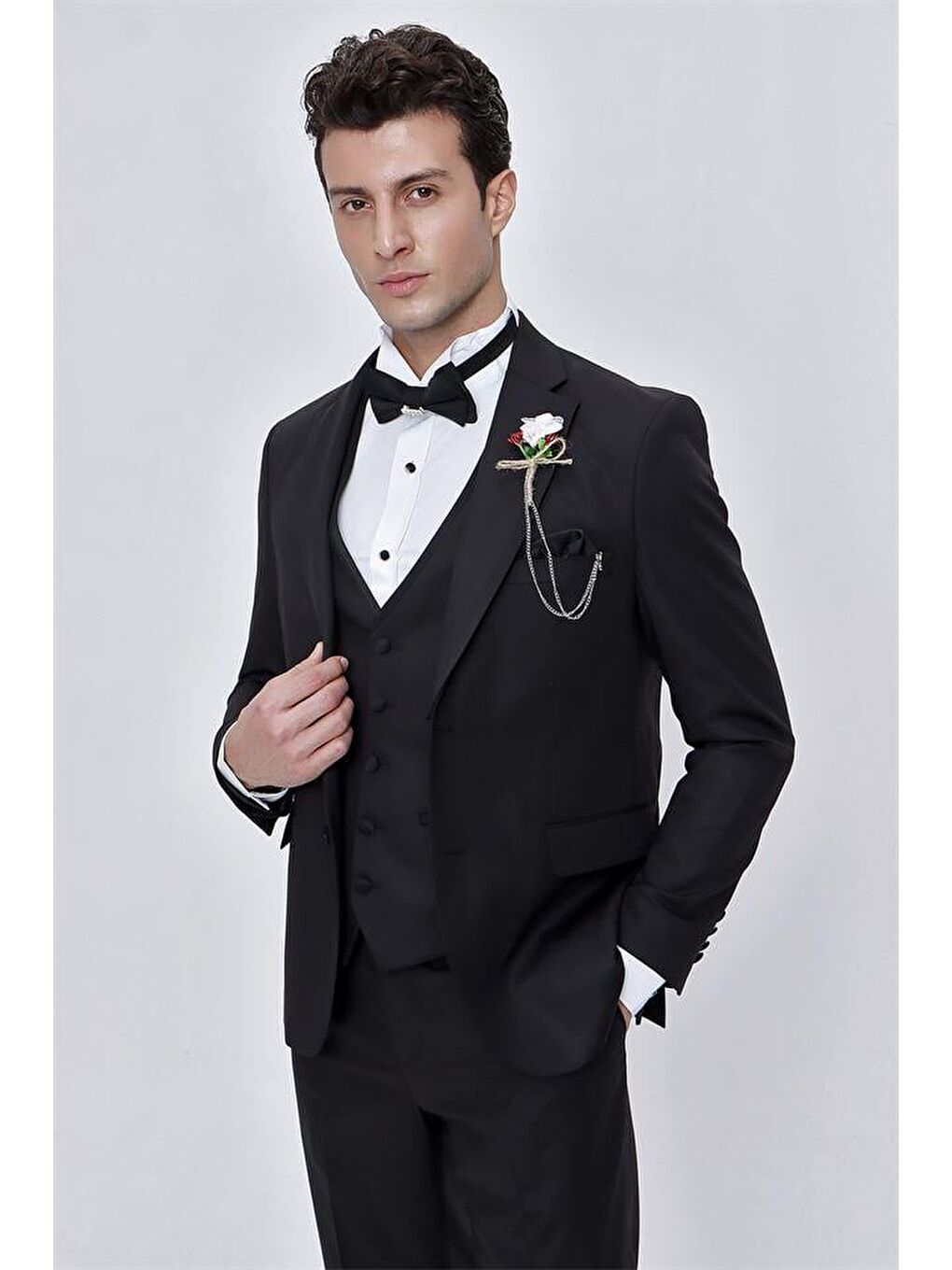 Siyah Armürlü Çıkarılabilir Mono Yaka Yelekli 6 Drop Slim Fit Smokin Damatlık 1001225202-6