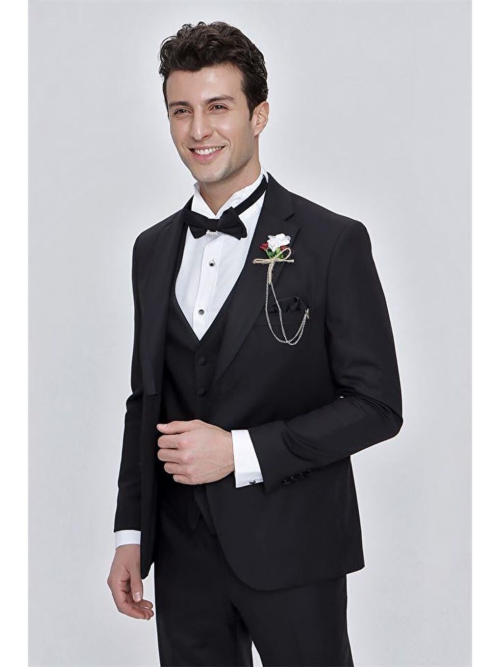 Siyah Armürlü Çıkarılabilir Mono Yaka Yelekli 6 Drop Slim Fit Smokin Damatlık 1001225202-7