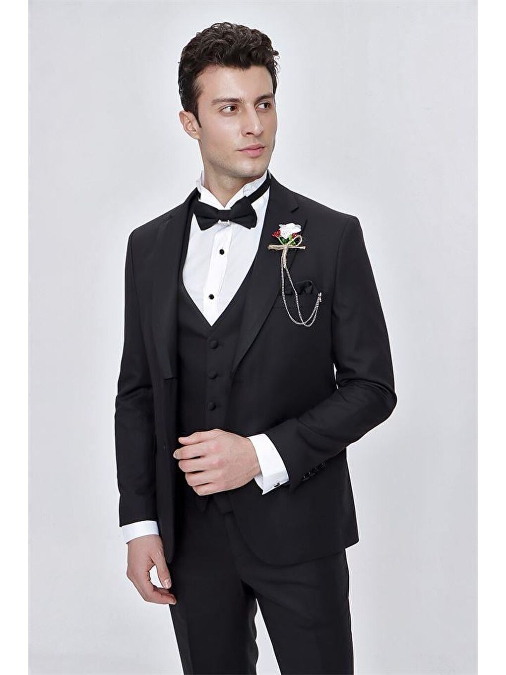 Siyah Armürlü Çıkarılabilir Mono Yaka Yelekli 6 Drop Slim Fit Smokin Damatlık 1001225202-8