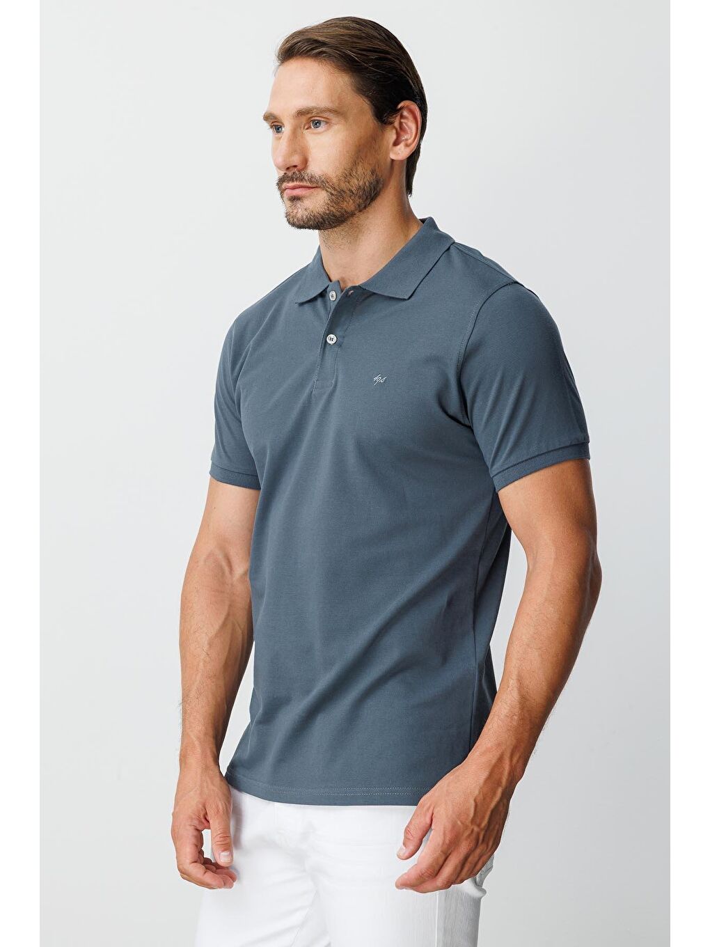 Koyu Gri Modern Fit Dar Kalıp Polo Yaka Düz Kısa Kollu %100 Pamuk Tişört-2