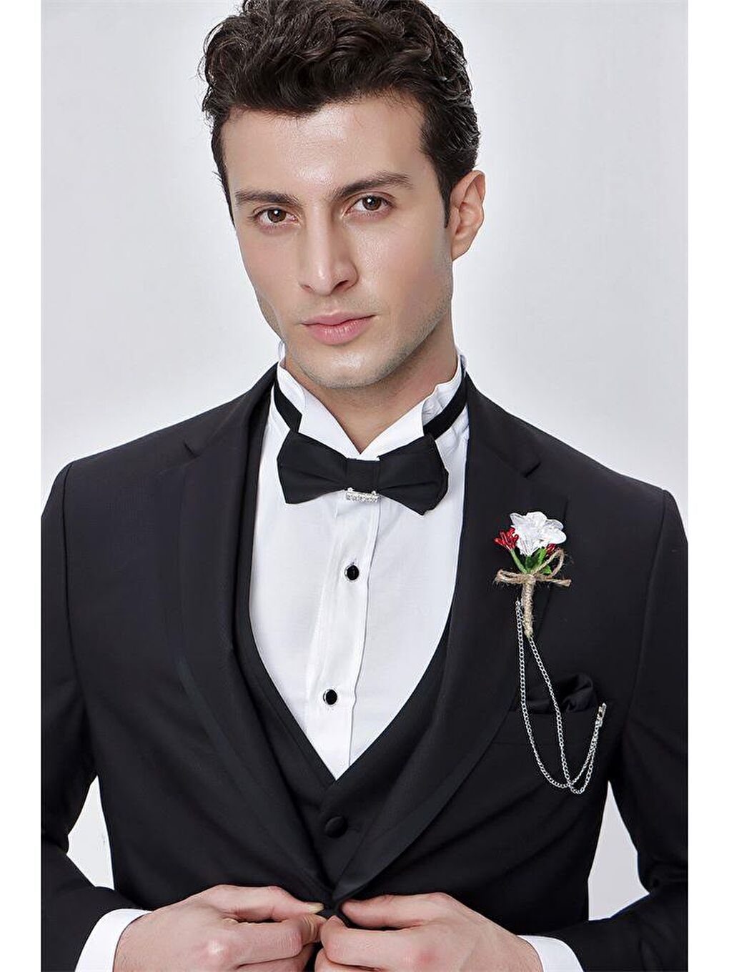 Siyah Armürlü Çıkarılabilir Mono Yaka Yelekli 6 Drop Slim Fit Smokin Damatlık 1001225202-9