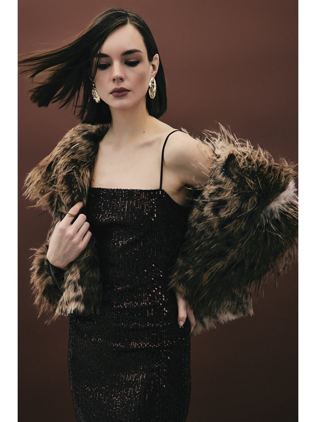 Kahverengi Askılı Uzun Payet Elbise - Kahve-5