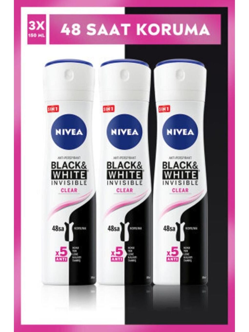Black&White Invisible Clear Sprey Deodorant 150 ml x 3 Adet
