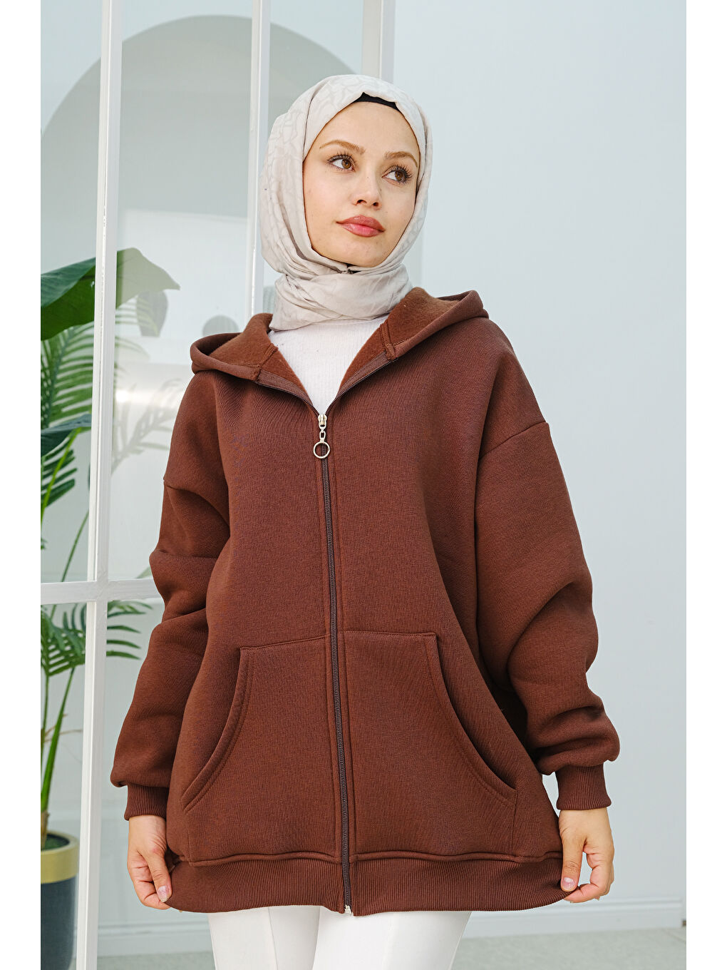 Locco Moda Kapüşonlu Oversize  Fermuarlı Sweatshirt  Kahverengi