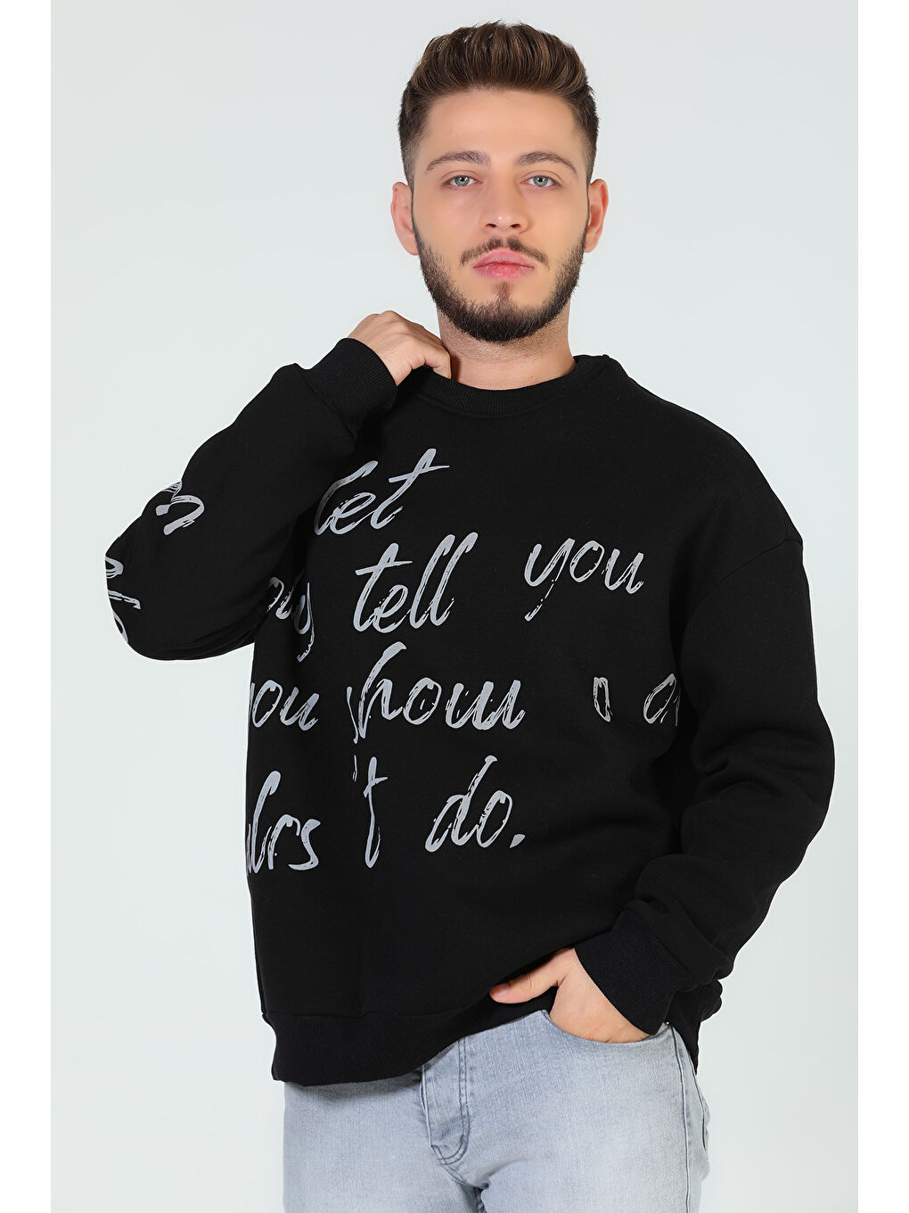 Mishar İtalia Siyah Erkek Bisiklet Yaka Baskılı Üç İplik Şardonlu Sweatshirt - 2