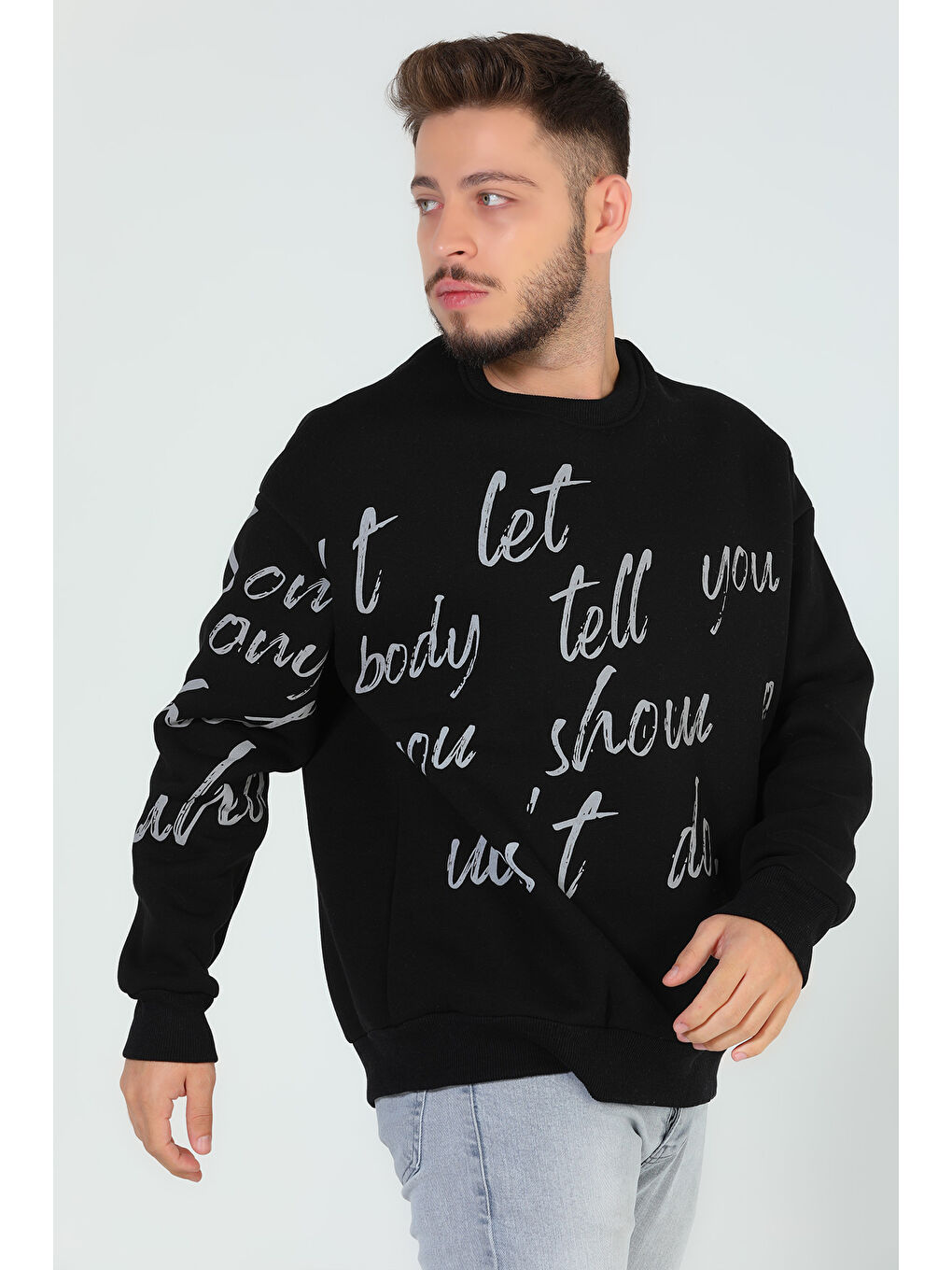 Mishar İtalia Siyah Erkek Bisiklet Yaka Baskılı Üç İplik Şardonlu Sweatshirt - 3