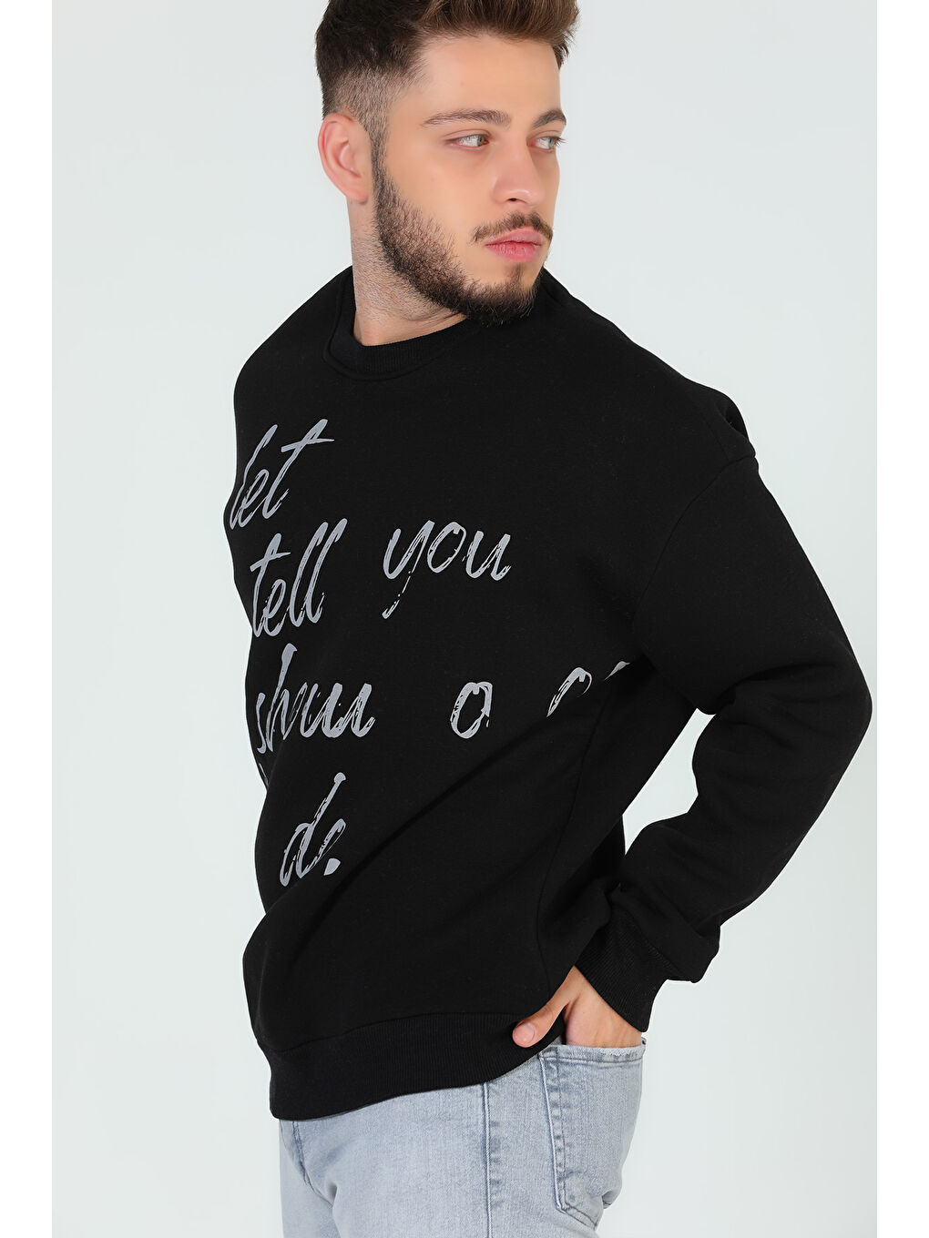 Mishar İtalia Siyah Erkek Bisiklet Yaka Baskılı Üç İplik Şardonlu Sweatshirt - 4