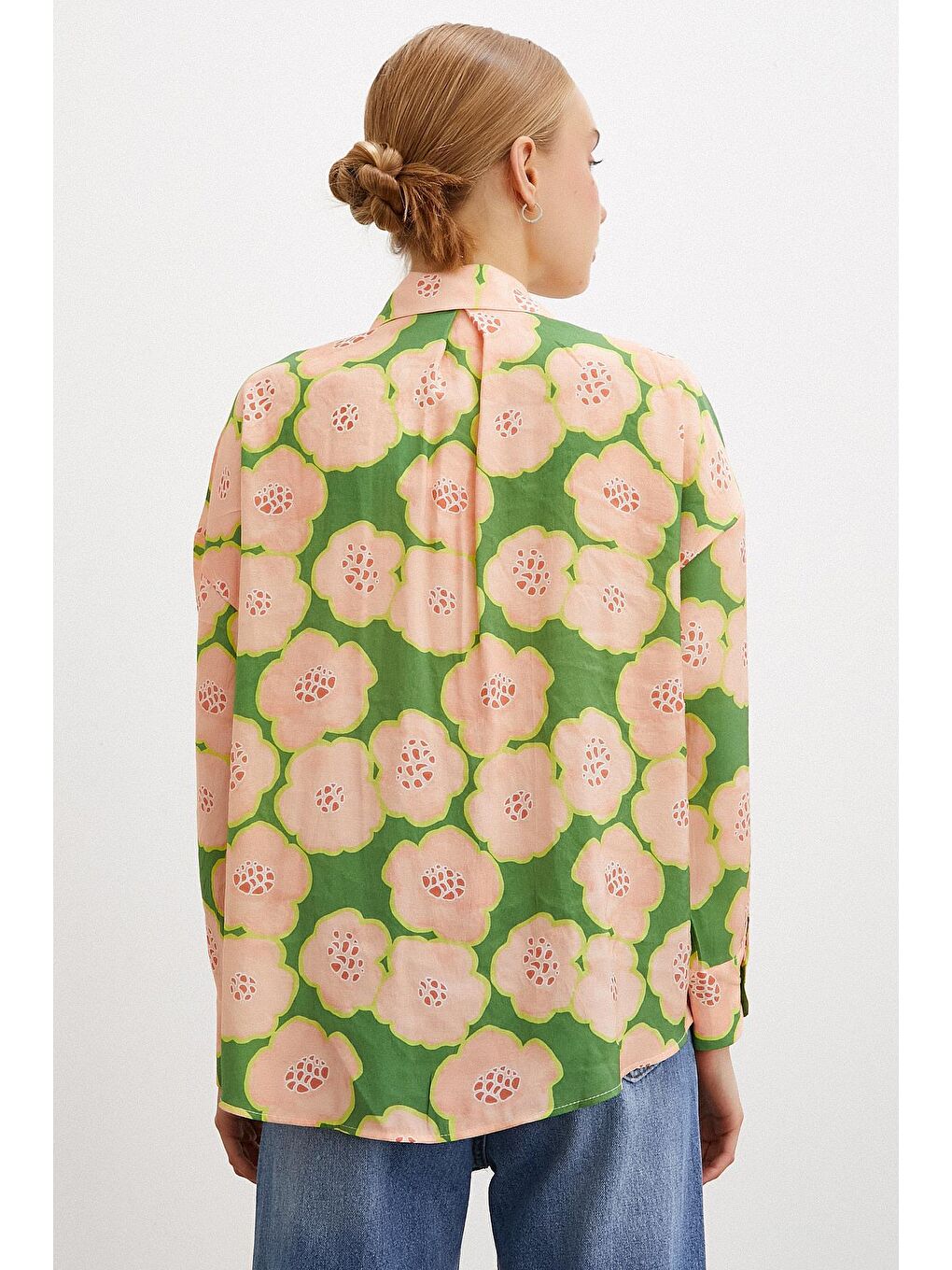 Haki Kontörlü Çiçek Desenli Gömlek-4