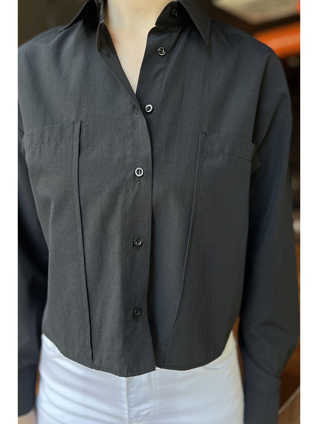 Siyah Kadın Volanlı İçlik Kombinli Gömlek-3