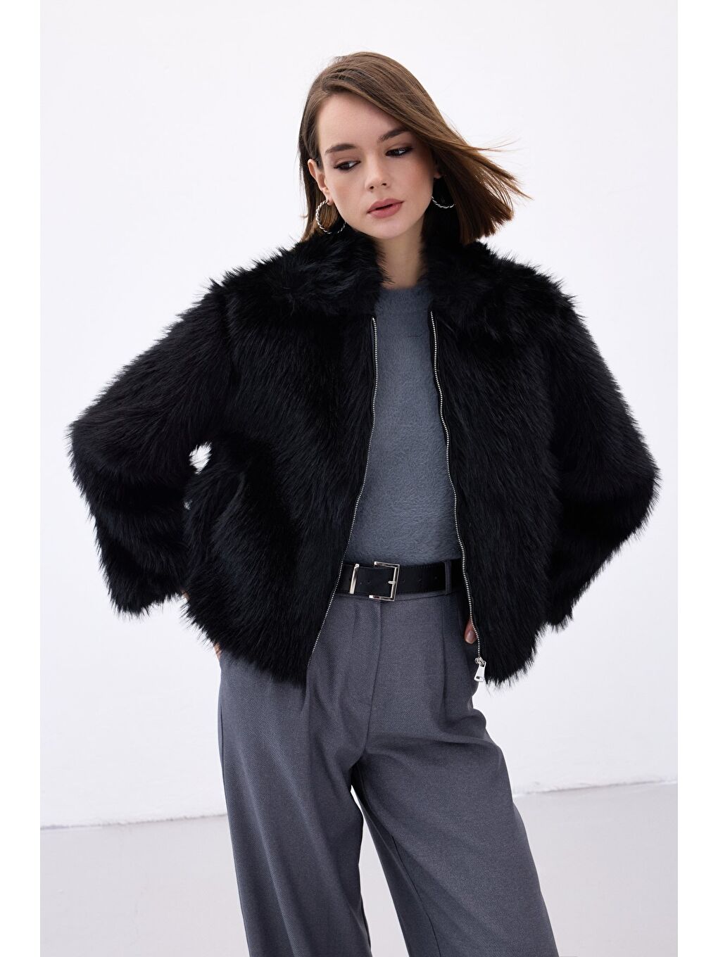 Fermuarlı Kürk - Siyah