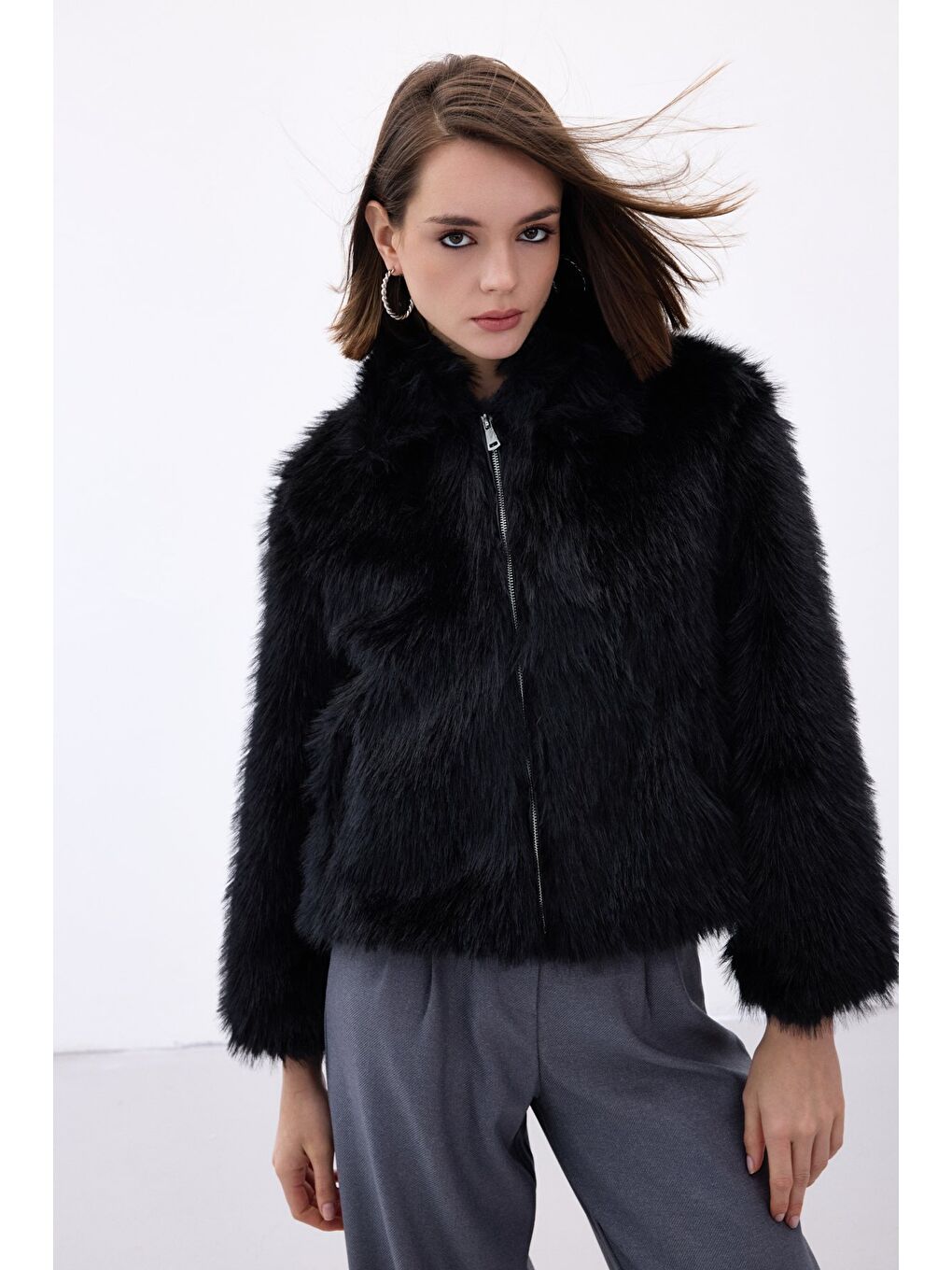 Fermuarlı Kürk - Siyah-1