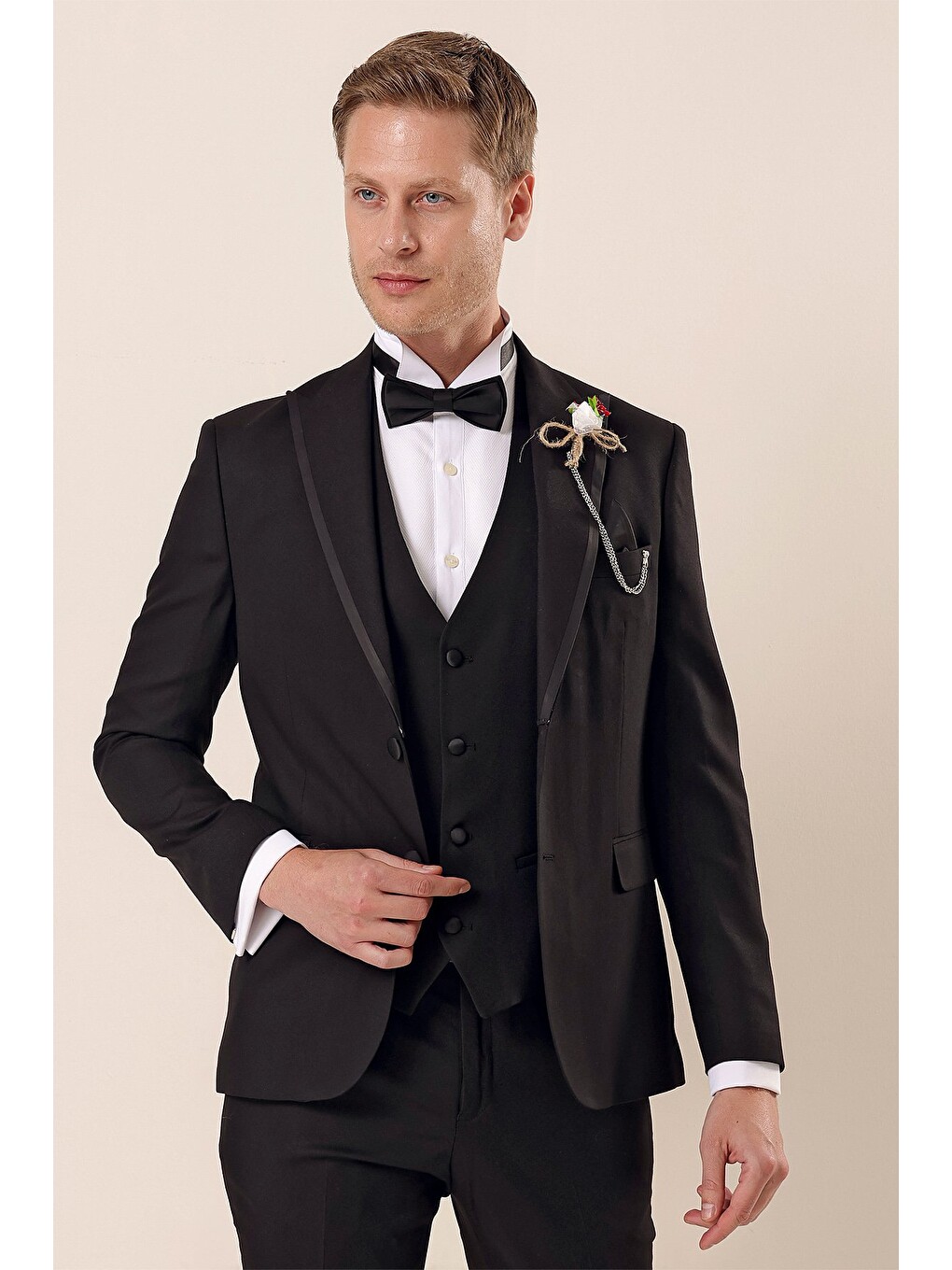 Siyah Çıkarılabilir Kırlangıç Yaka Yelekli 6 Drop Slim Fit Smokin Damatlık 1001225203-1