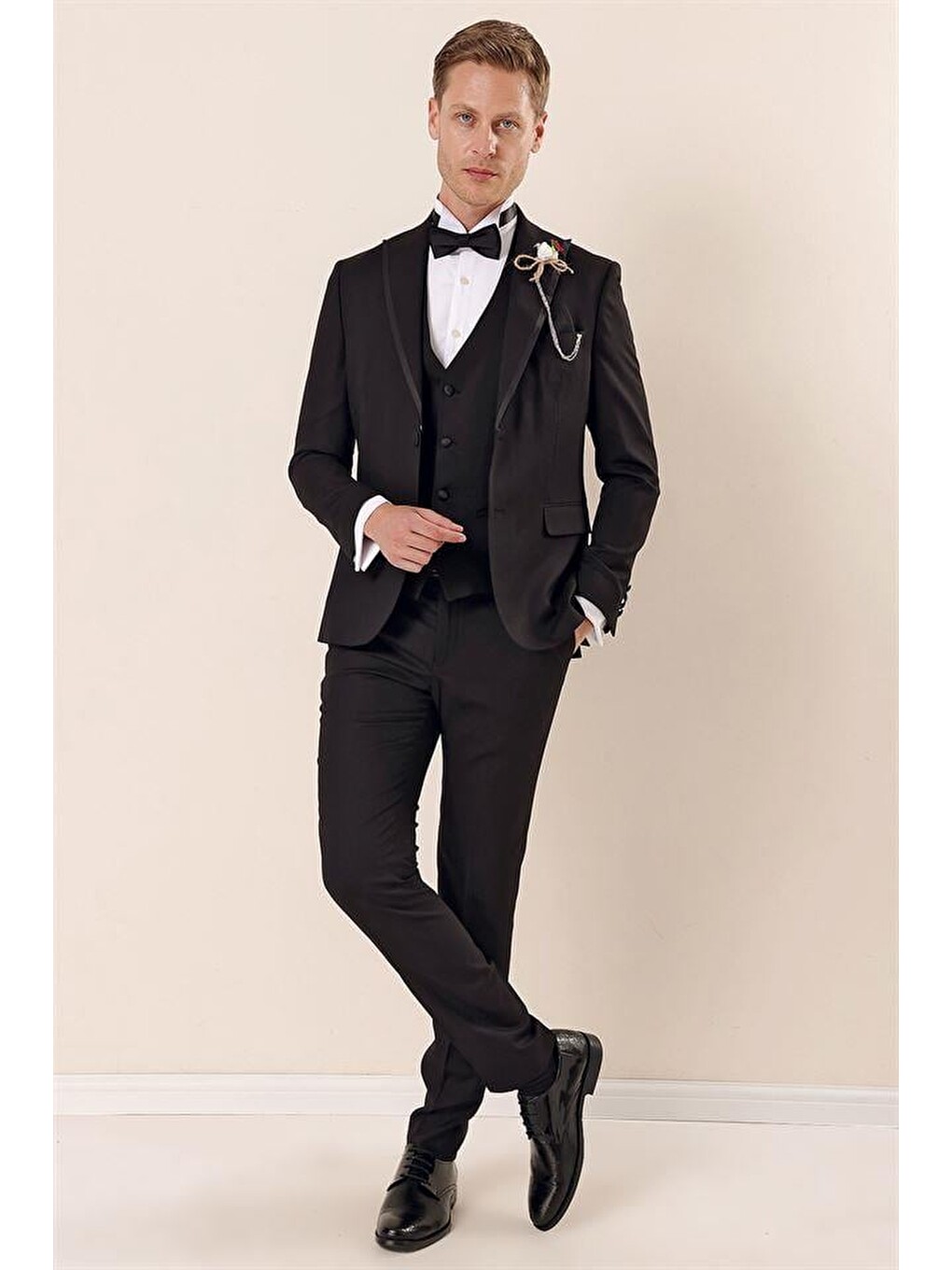Siyah Çıkarılabilir Kırlangıç Yaka Yelekli 6 Drop Slim Fit Smokin Damatlık 1001225203-2