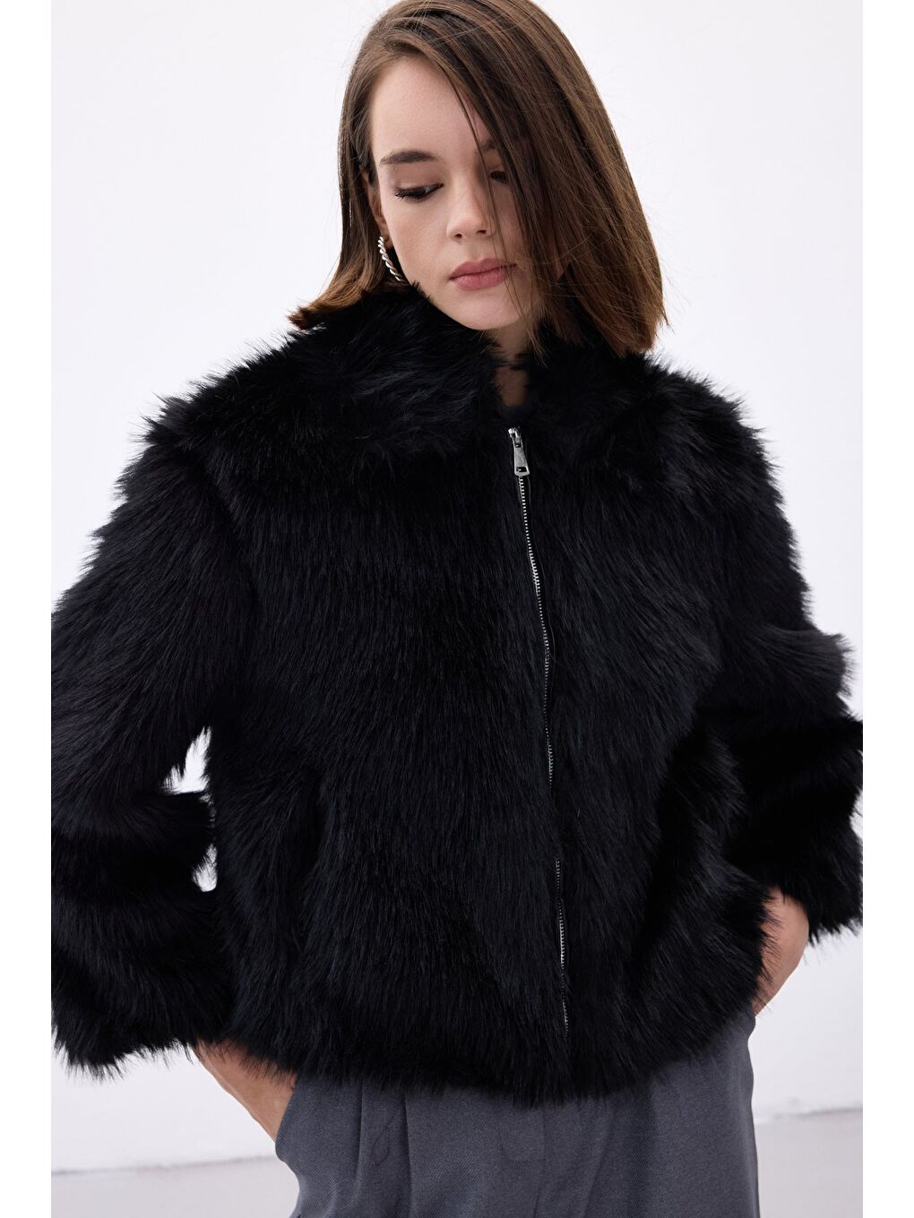 Fermuarlı Kürk - Siyah-5