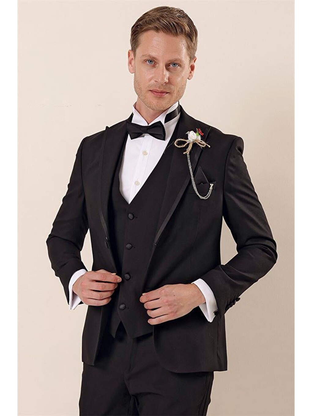 Siyah Çıkarılabilir Kırlangıç Yaka Yelekli 6 Drop Slim Fit Smokin Damatlık 1001225203-4