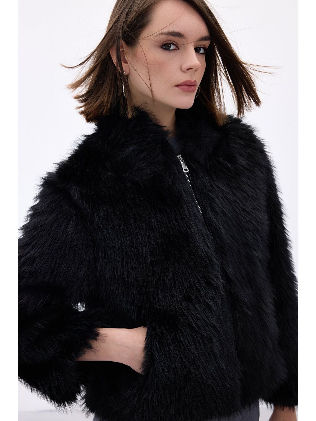 Fermuarlı Kürk - Siyah-6