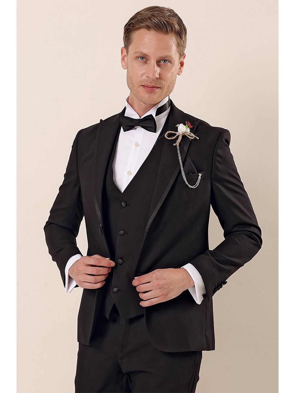 Siyah Çıkarılabilir Kırlangıç Yaka Yelekli 6 Drop Slim Fit Smokin Damatlık 1001225203-5