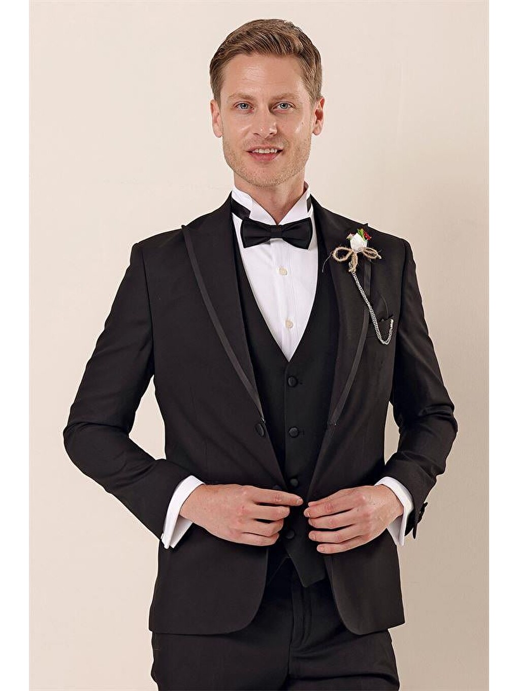 Siyah Çıkarılabilir Kırlangıç Yaka Yelekli 6 Drop Slim Fit Smokin Damatlık 1001225203-6