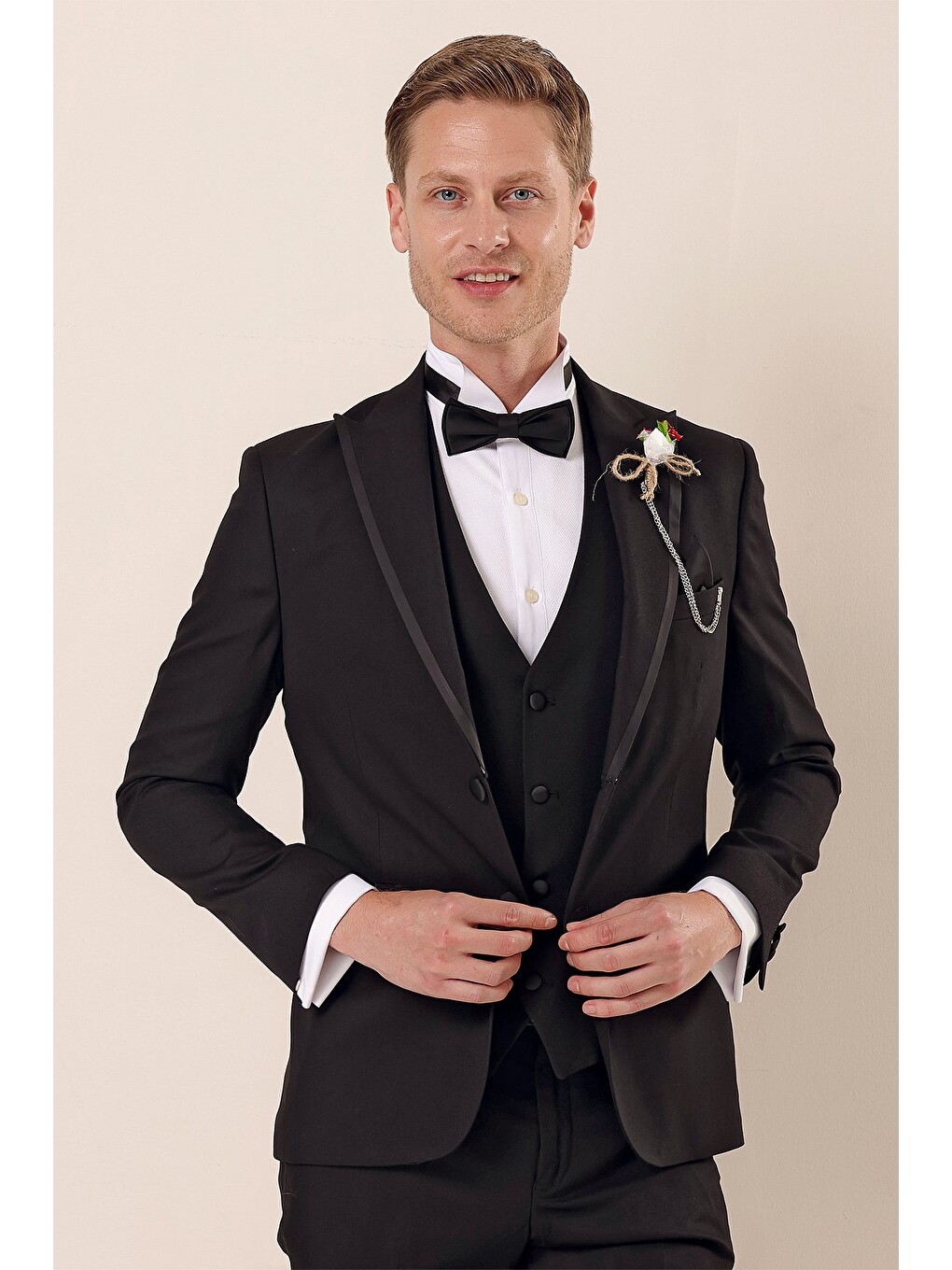 Siyah Çıkarılabilir Kırlangıç Yaka Yelekli 6 Drop Slim Fit Smokin Damatlık 1001225203-7