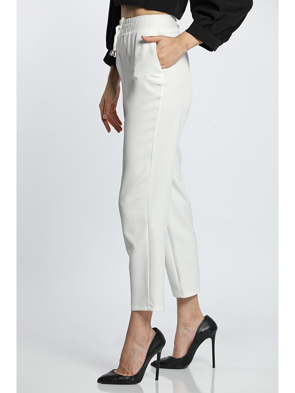 Ekru Bel Lastikli Rahat Kumaş Pantolon-2