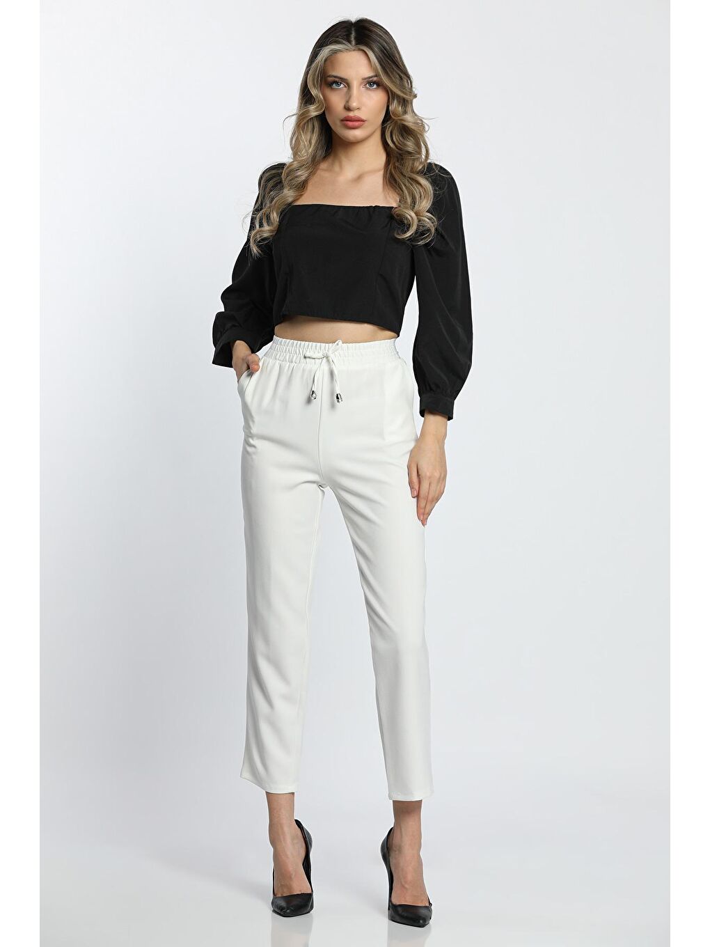Ekru Bel Lastikli Rahat Kumaş Pantolon-3