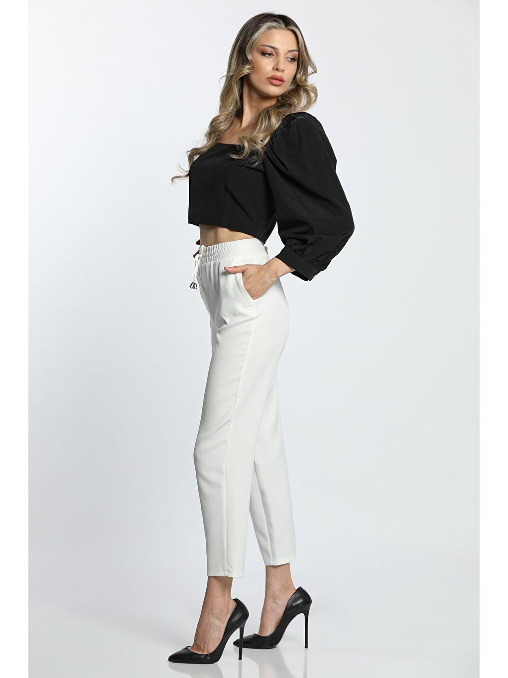 Ekru Bel Lastikli Rahat Kumaş Pantolon-4