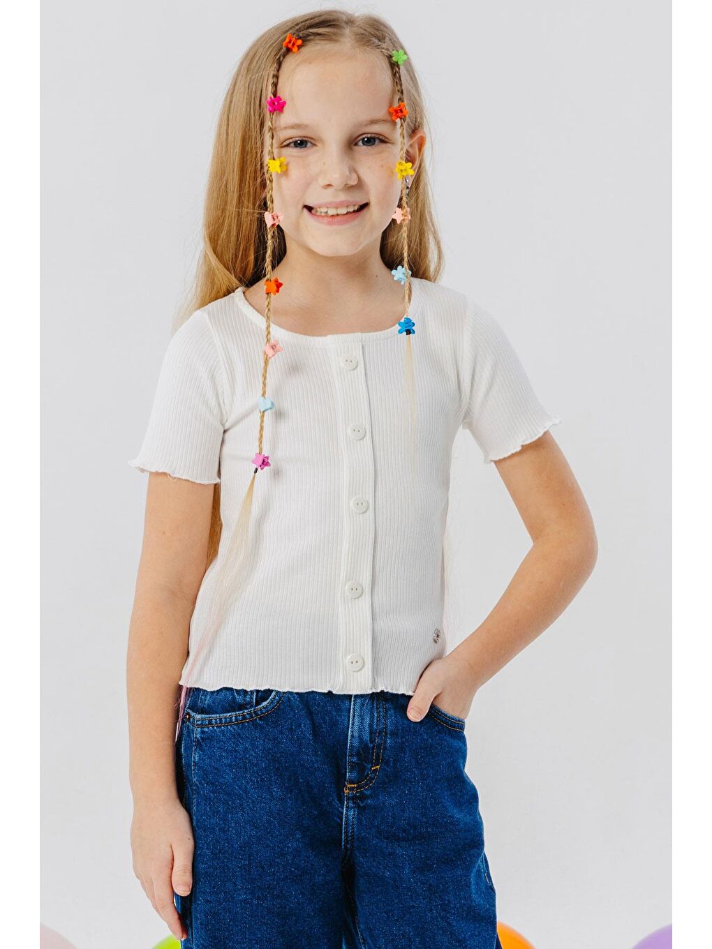 Kız Çocuk Tişört Düğme Aksesuarlı Ekru (9-14 Yaş)-1