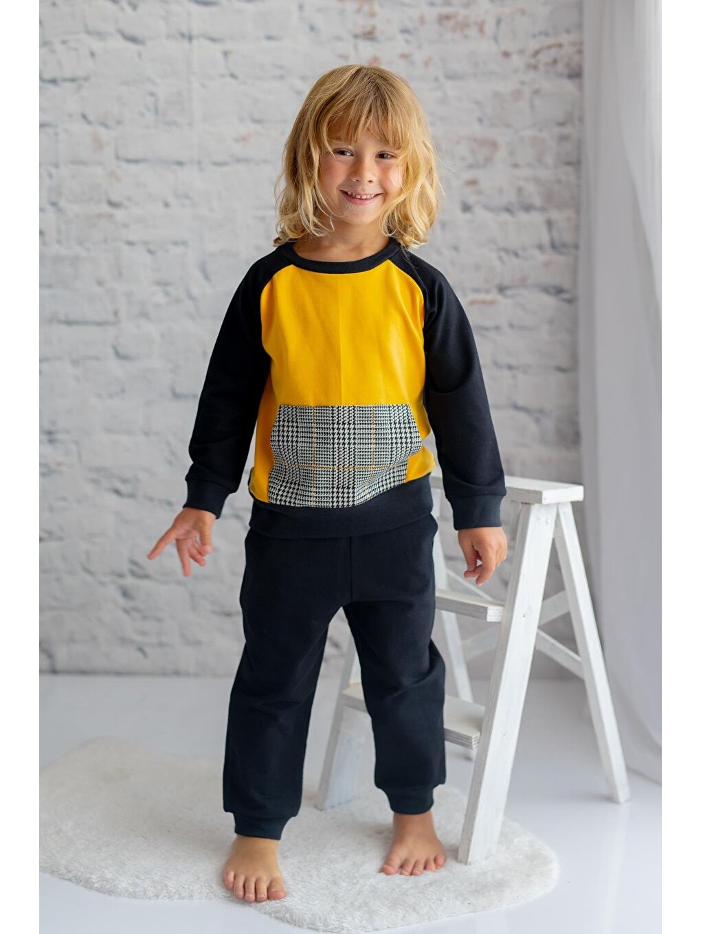 Sarı Erkek Çocuk Kanguru Cepli Eşofman Takımı