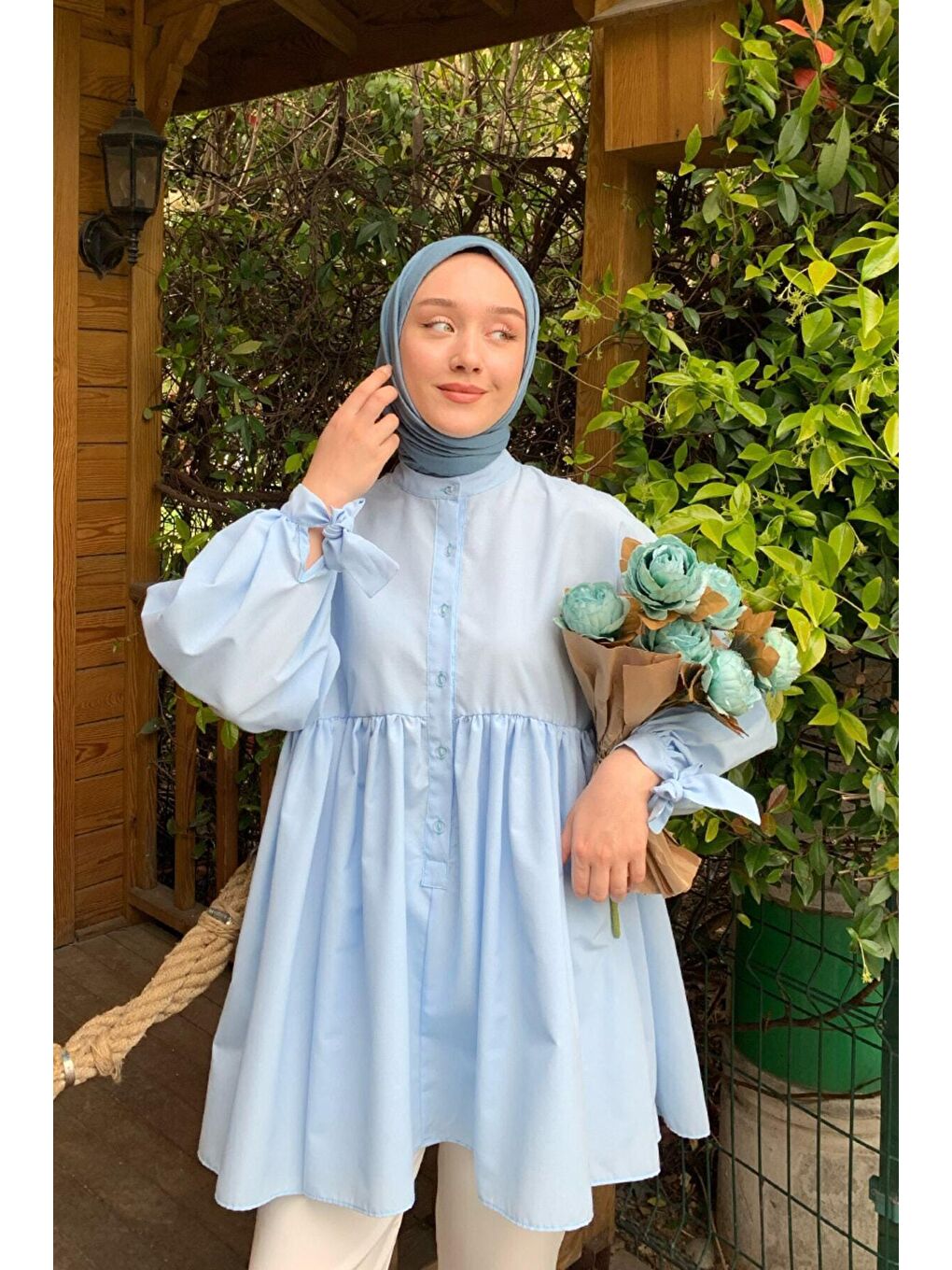 Bebe Mavisi Düğmeli Bağlamalı Robalı Tunik-1