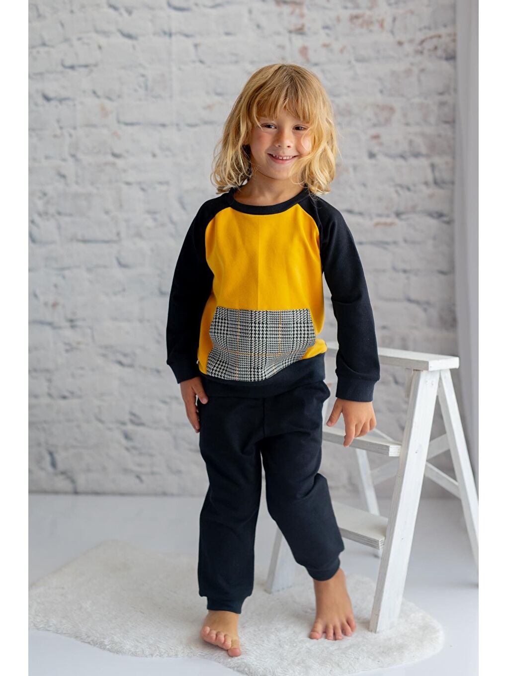 Sarı Erkek Çocuk Kanguru Cepli Eşofman Takımı-1
