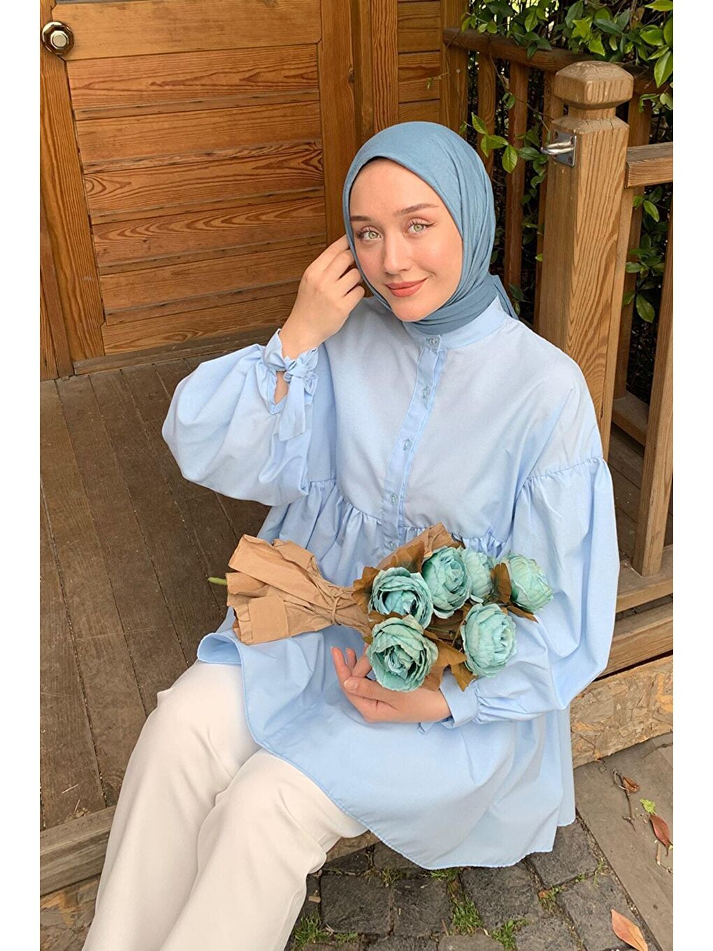 Bebe Mavisi Düğmeli Bağlamalı Robalı Tunik-2