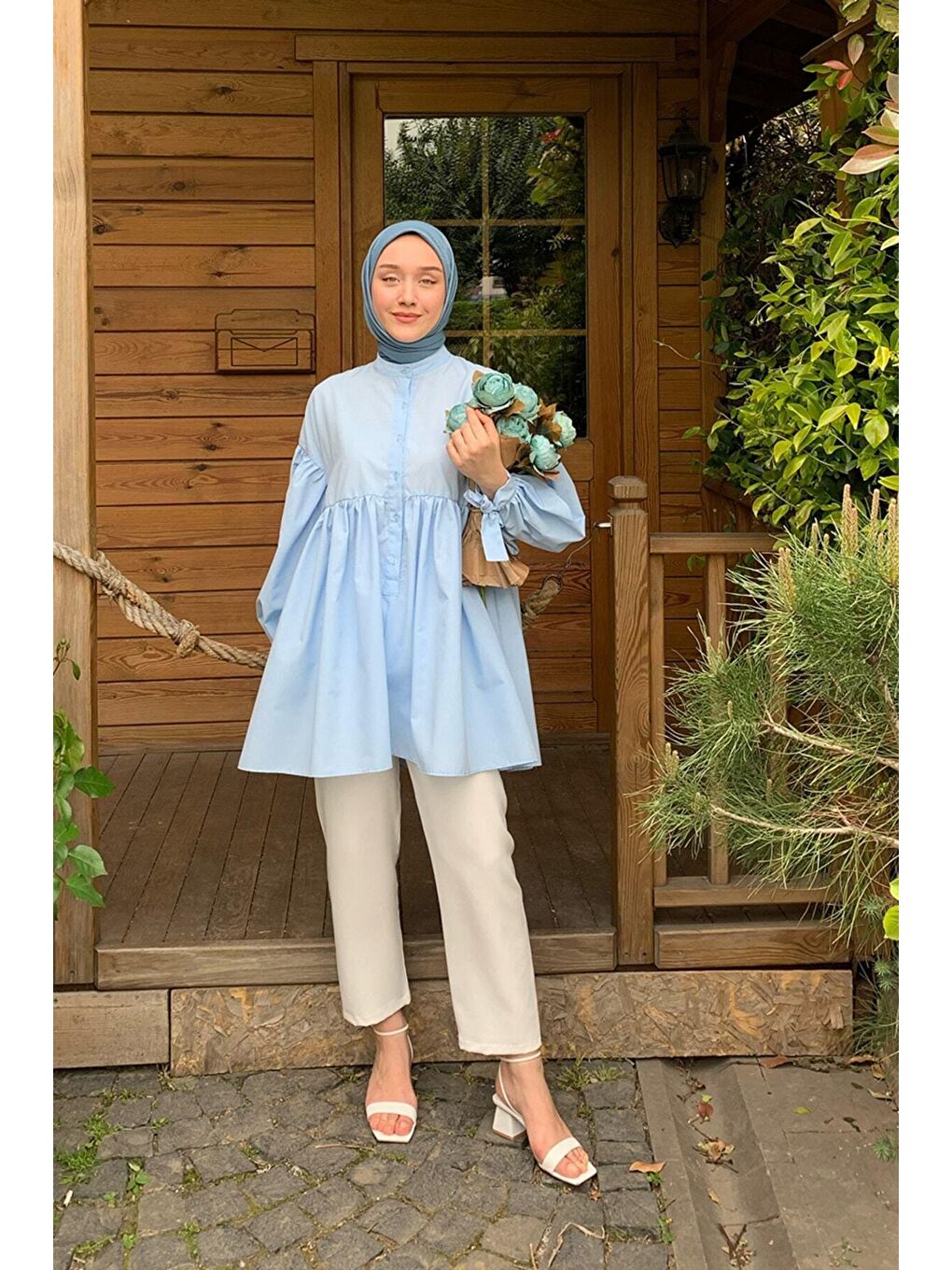 Bebe Mavisi Düğmeli Bağlamalı Robalı Tunik-3