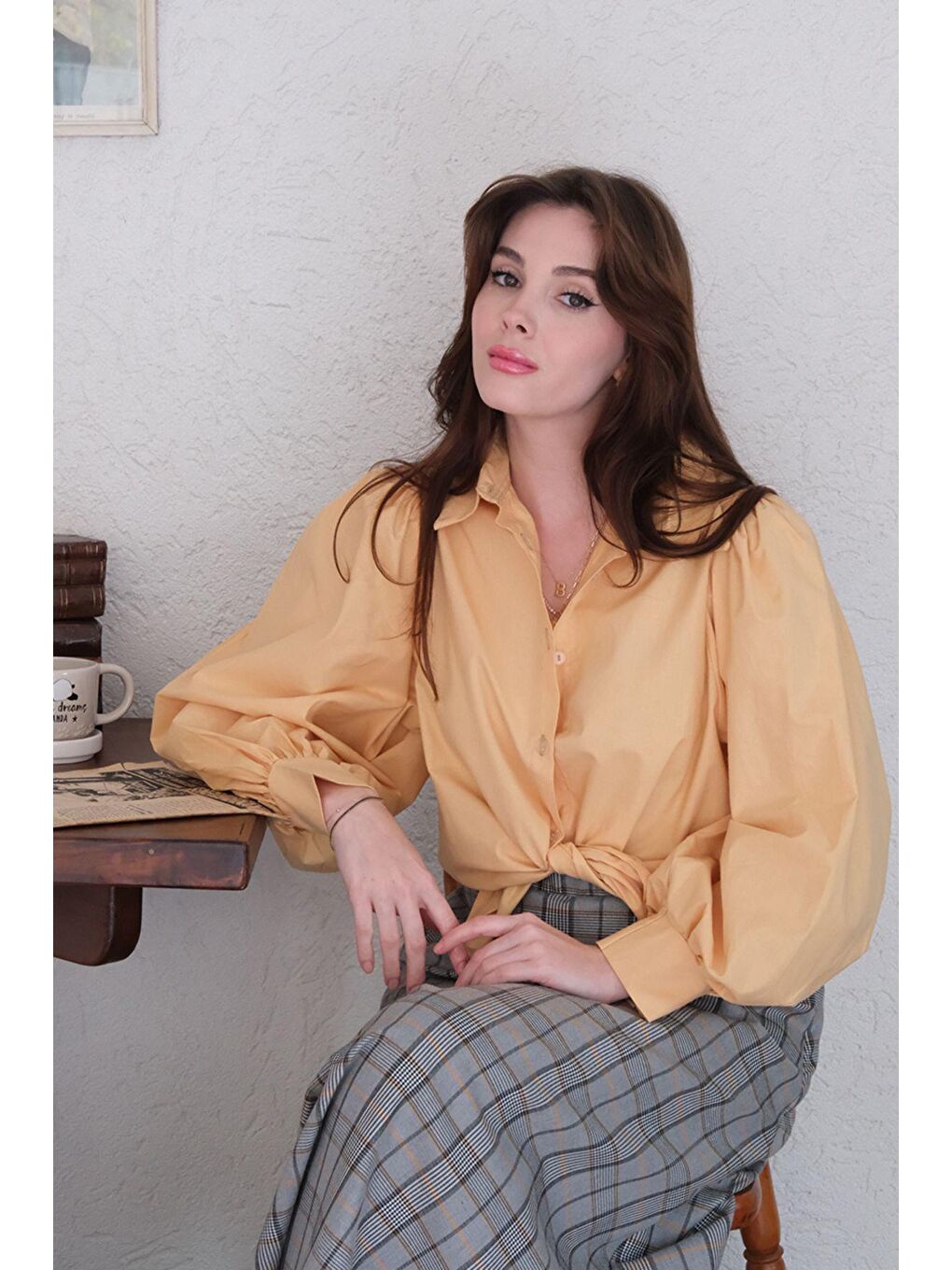 Soft Sarı Klasik Yaka Crop Gömlek-1