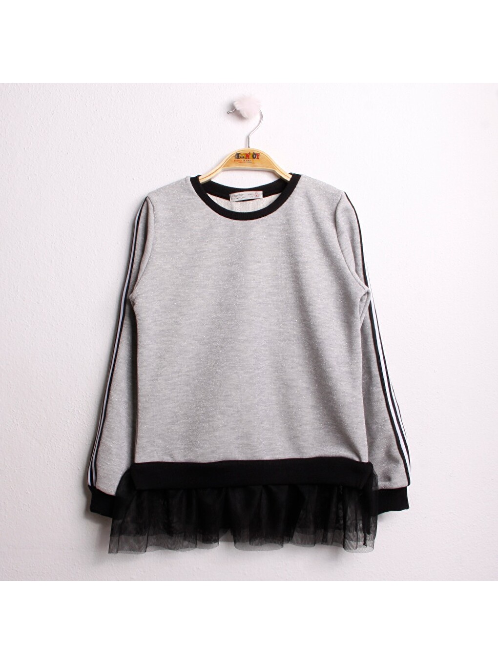 Gri Kız Çocuk Kol Üstü Ve Arkası Şeritli Sweatshirt