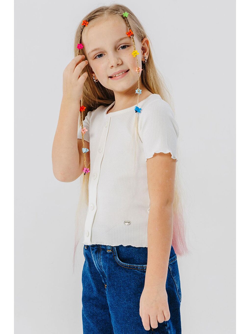 Kız Çocuk Tişört Düğme Aksesuarlı Ekru (9-14 Yaş)-5