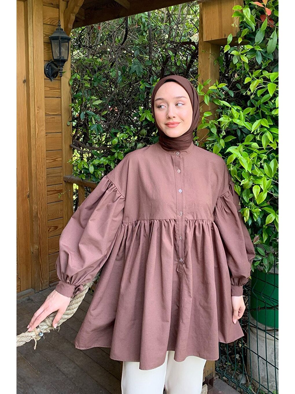 Kahverengi Acı Kahve Düğmeli Bağlamalı Robalı Tunik-1