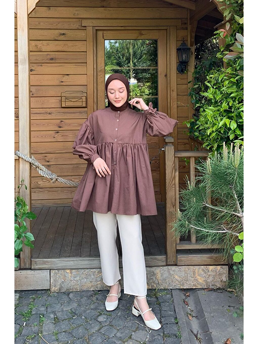 Kahverengi Acı Kahve Düğmeli Bağlamalı Robalı Tunik-2