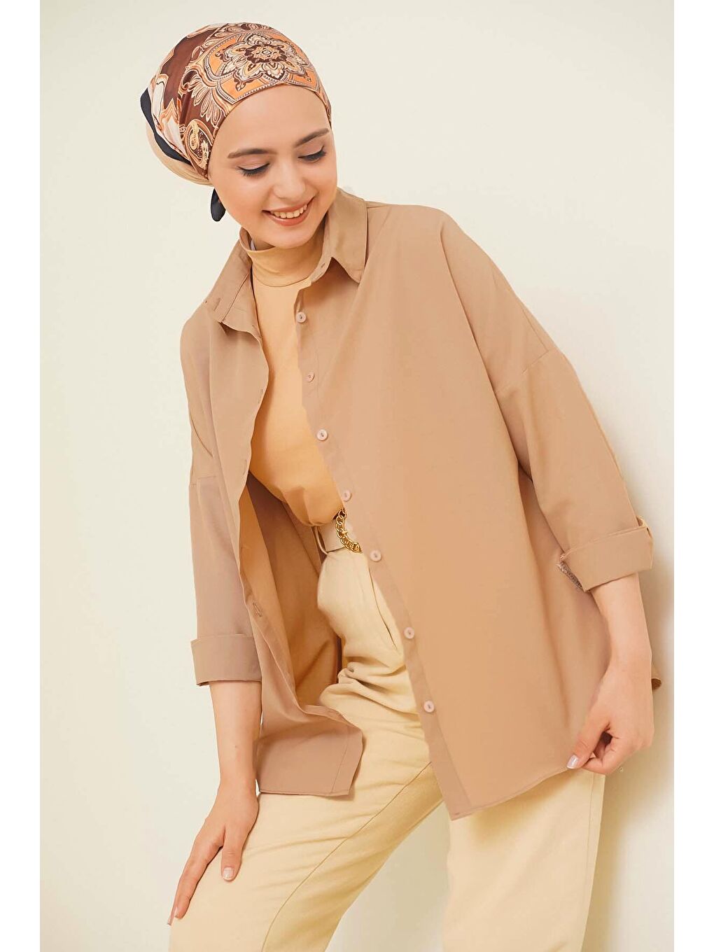 Bigdart Camel-Beyaz 103901 Oversize Basic Tesettür Gömlek - Camel