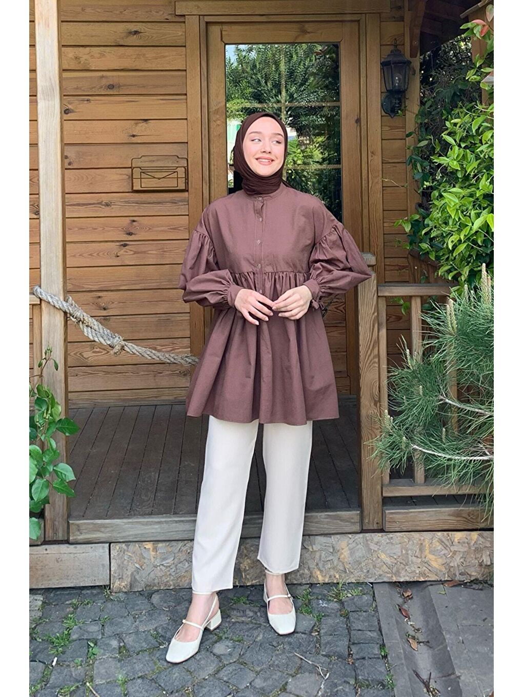 Kahverengi Acı Kahve Düğmeli Bağlamalı Robalı Tunik-3