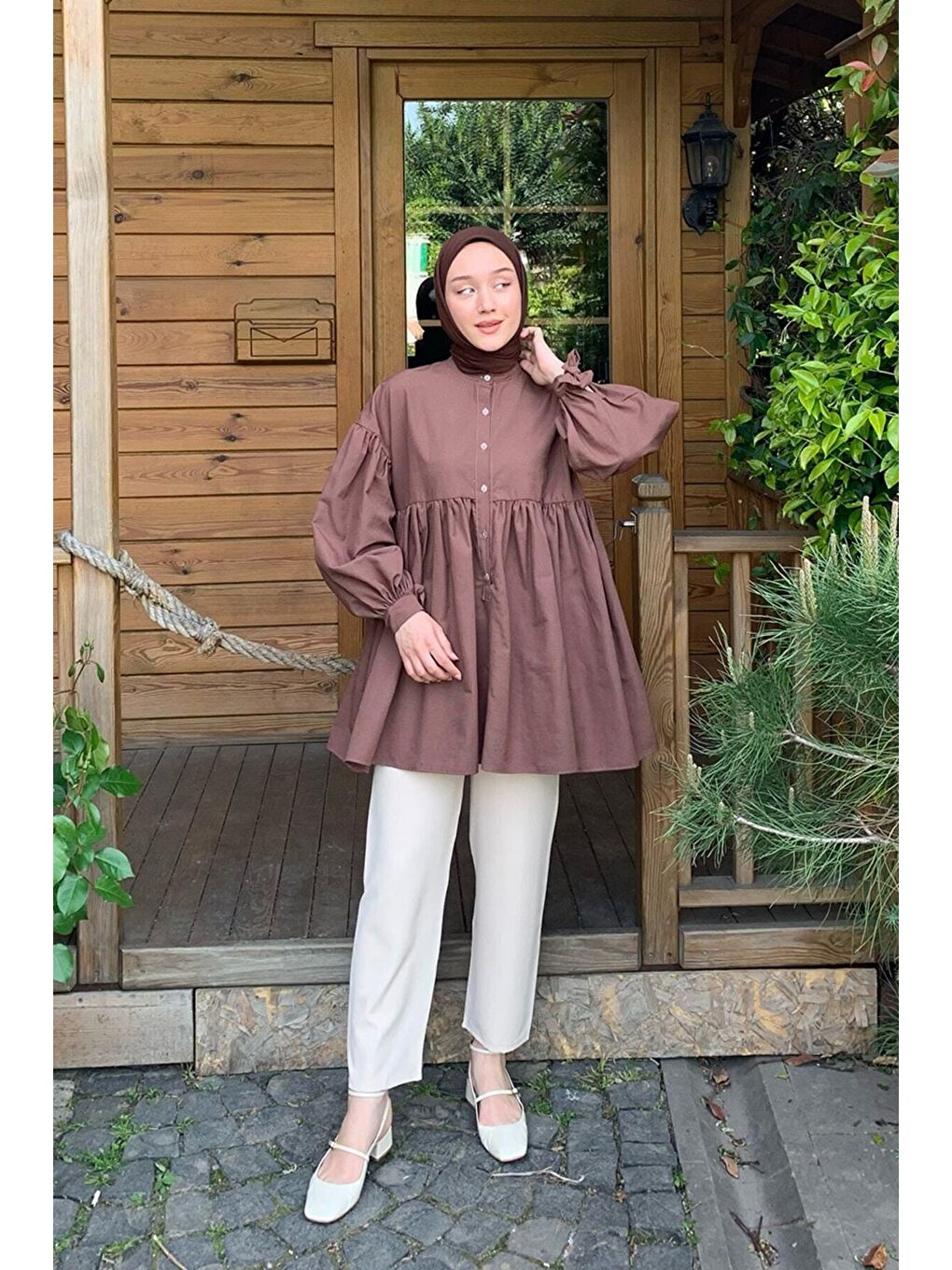 Kahverengi Acı Kahve Düğmeli Bağlamalı Robalı Tunik-4