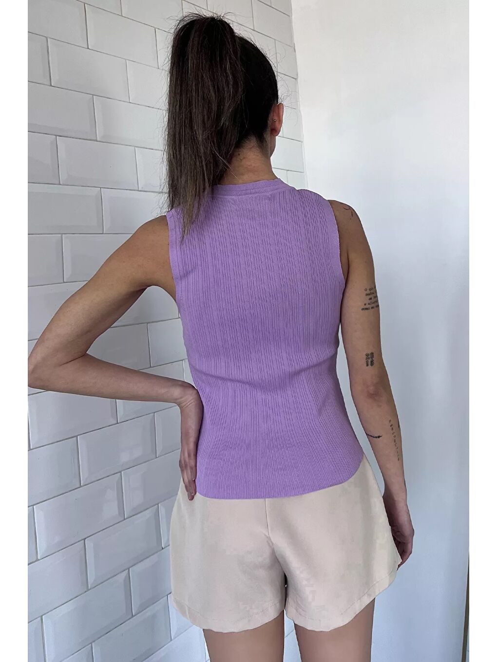 Lila Gold Düğme Detaylı Bisiklet Yaka Kadın Elastanlı Triko Bluz-1