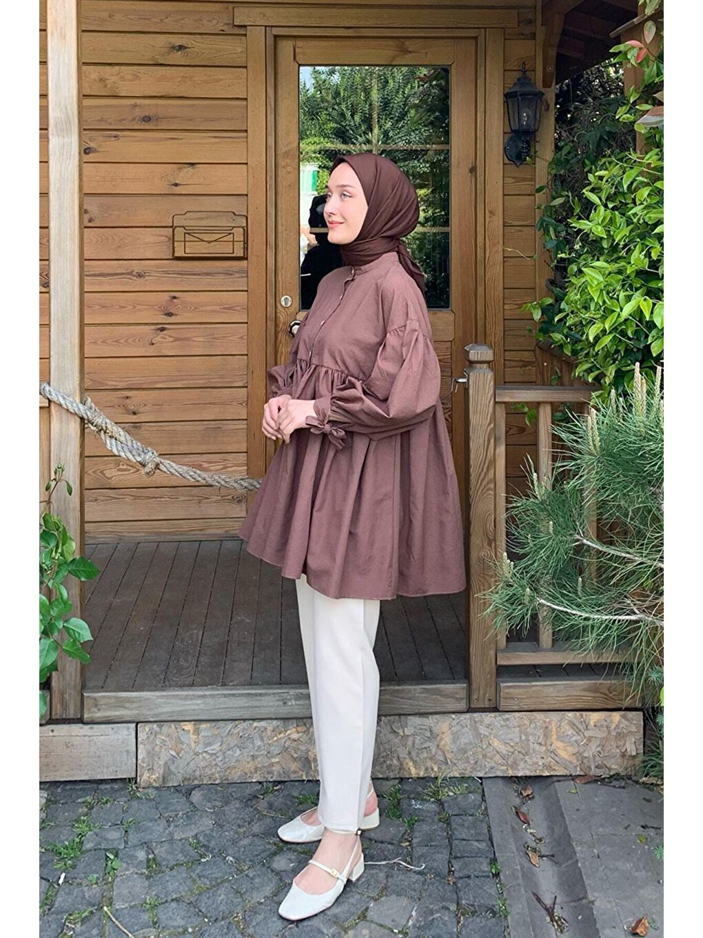 Kahverengi Acı Kahve Düğmeli Bağlamalı Robalı Tunik-5