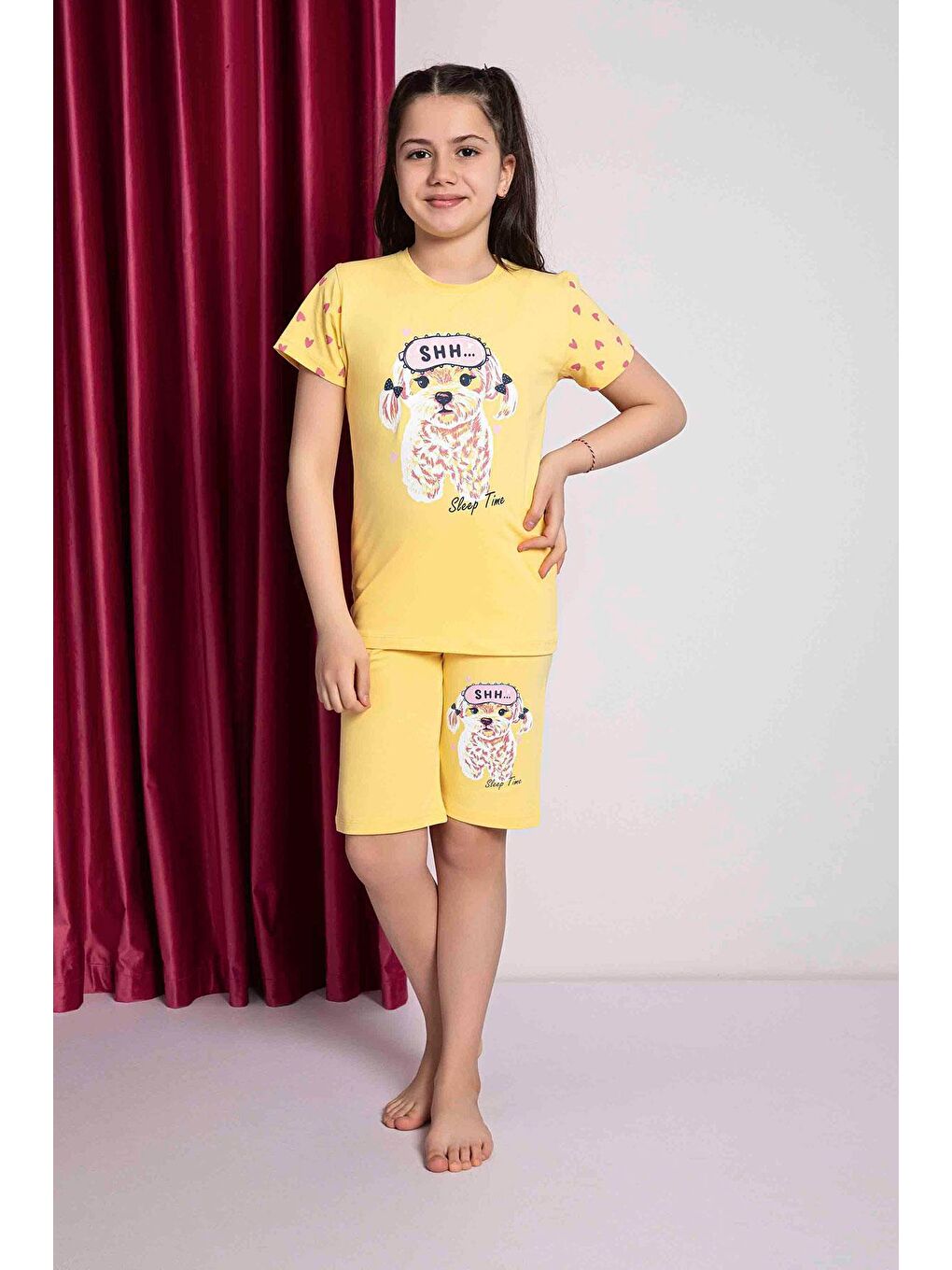 Kız Çocuk Penye Kısa Kollu Kaprili Pijama Takımı | Sarı 2669